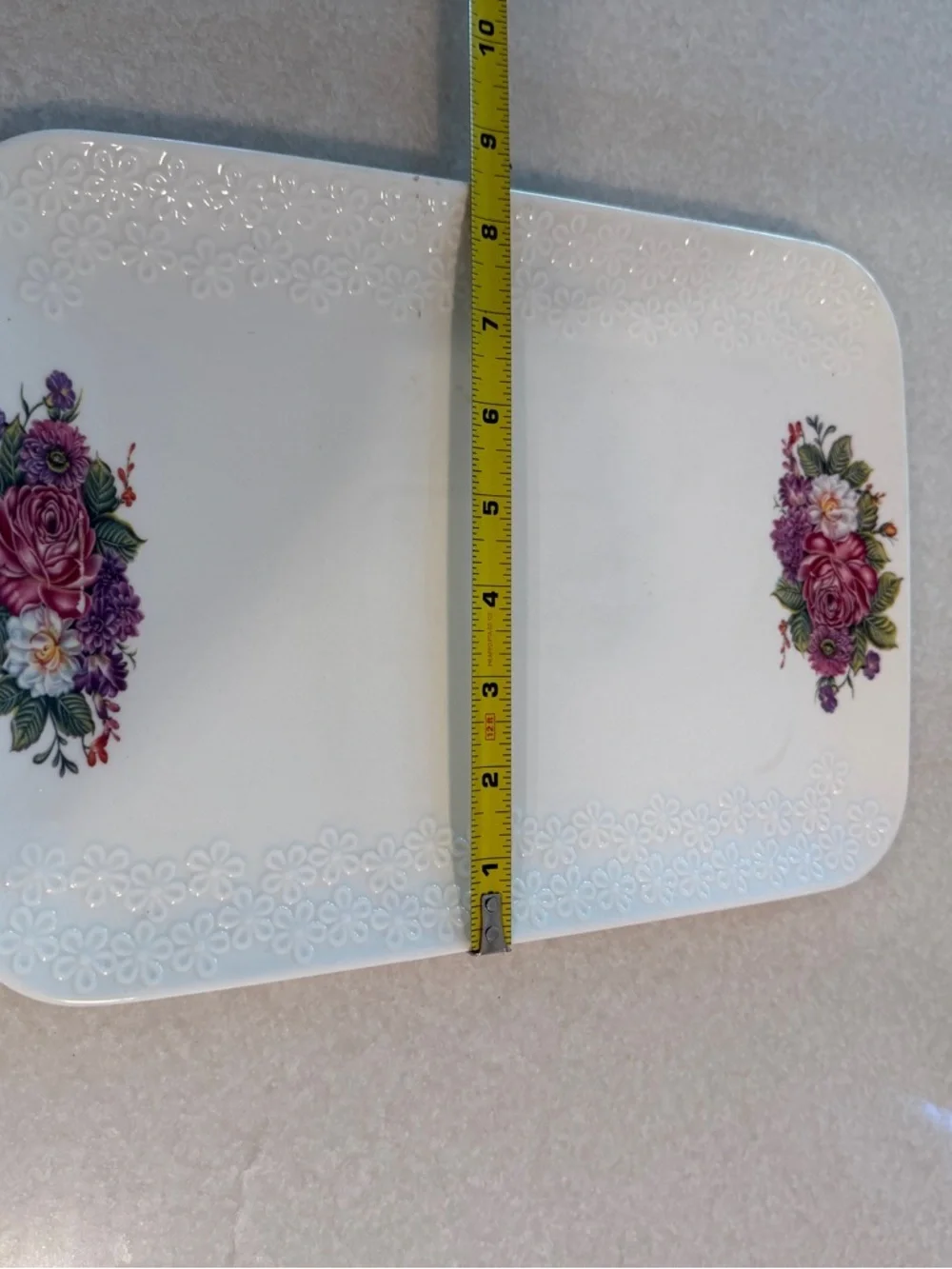 Vintage White Floral Porcelain Serving Tray with Pink and Purple Roses